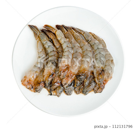 Peeled shrimp raw with plate isolated Peeled shrimp raw with plate isolated 112131796