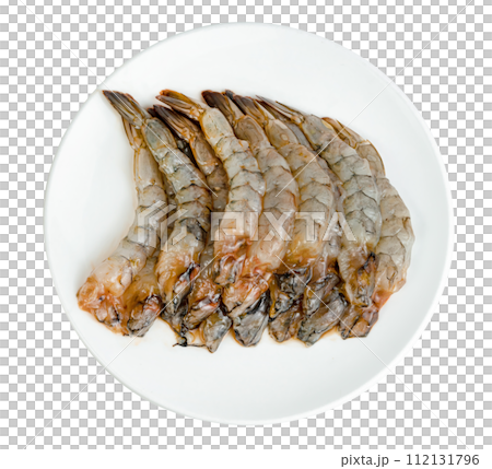 Peeled shrimp raw with plate isolated Peeled shrimp raw with plate isolated 112131796