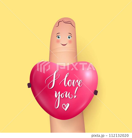 Happy finger holds heart Valentines day, yellow background 112132020