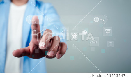 Businessman Search On Virtual Screen Data Search Technology Search Engine Optimization. Man use search engine to Searching for information. Using web Console for data, SEO. 112132474