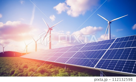 AI-generated content. Windmills and solar panels on blue sky background 112132598