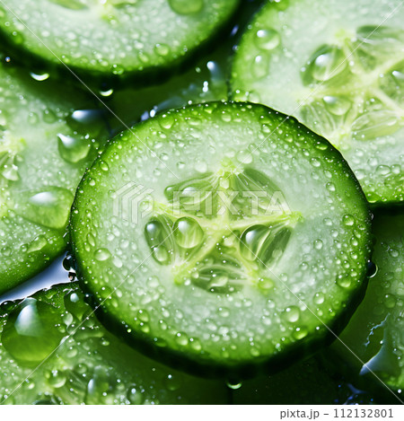 Slick cucumber with drops on white backgrounds closeup 112132801