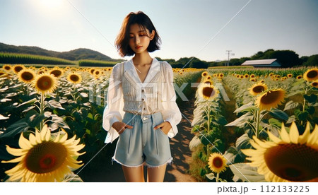 ひまわり畑を散歩する女性 ひまわり畑を散歩する女性 112133225
