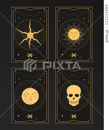 Set of Golden Tarot cards with magical Sun, Moon, Star and Death symbols. Mystery, astrology, esoteric. Vector illustration Set of Golden Tarot cards with magical Sun, Moon, Star and Death symbols. Mystery, astrology, esoteric. Vector illustration 112133303