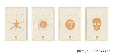 Set of Golden Tarot cards with magical Sun, Moon, Star and Death symbols. Mystery, magic, astrology, esoteric. Vector illustration Set of Golden Tarot cards with magical Sun, Moon, Star and Death symbols. Mystery, magic, astrology, esoteric. Vector illustration 112133317