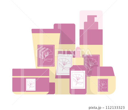Set of bottles and tubes for beauty and skin care decorated with flower outline emblem. Cosmetic products package design. Vector illustration Set of bottles and tubes for beauty and skin care decorated with flower outline emblem. Cosmetic products package design. Vector illustration 112133323
