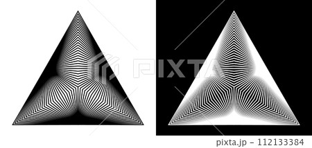 Geometric triangle shape with lines as modern design element, logo or icon. Black shape on a white background and the same white shape on the black side. 112133384