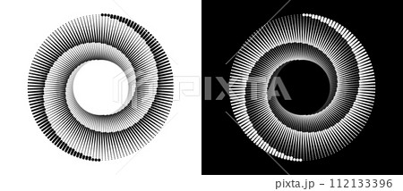 Modern abstract background. Halftone dots in circle form. Round logo. Vector dotted frame. Design element or icon. Black shape on a white background and the same white shape on the black side. Modern abstract background. Halftone dots in circle form. Round logo. Vector dotted frame. Design element or icon. Black shape on a white background and the same white shape on the black side. 112133396