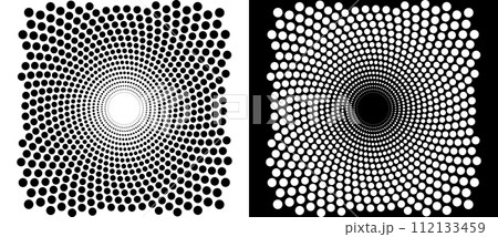 Modern abstract background. Halftone dots in circle, design element. Black shape on a white background and the same white shape on the black side. 112133459