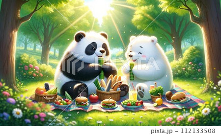 いつも仲良しふわふわのパンダとふわふわの白くまのランチ 112133508