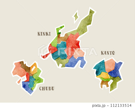 版ズレ風の素朴な日本地図：関東地方・中部地方・近畿地方 112133514