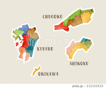 版ズレ風の素朴な日本地図：中国地方・四国・九州・沖縄 112133515