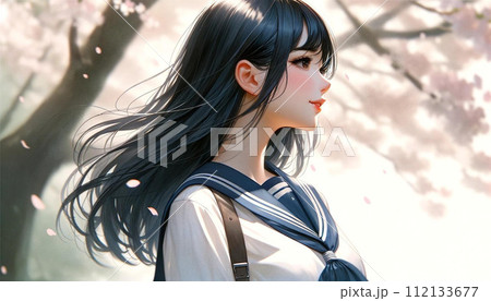 春の陽光にきらめく桜と女子高生 春の陽光にきらめく桜と女子高生 112133677