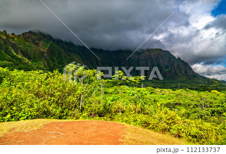 Ho'omaluhia Botanical Garden with views of Ko'olau mountains on O'ahu island, Hawaii 112133737