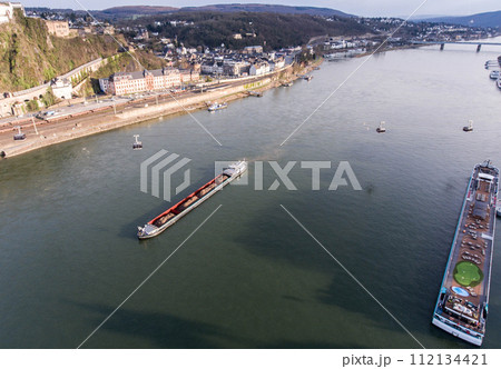 aerial river landscape, view of the Rhine the natural flow in Germany, near Koblenz with bridges and Boats aerial river landscape, view of the Rhine the natural flow in Germany, near Koblenz with bridges and Boats 112134421
