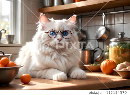 housewife cat in the kitchen preparing food. 112134570