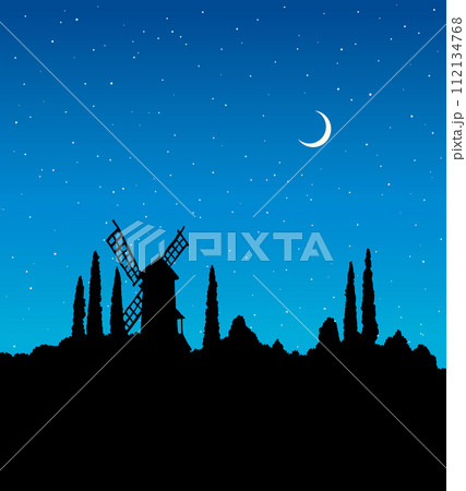 Vector drawing. The outline of the summer landscape with mill Vector drawing. The outline of the summer landscape with mill 112134768