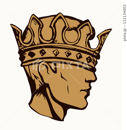 Profile of a handsome man with too big crown. Vector drawing Profile of a handsome man with too big crown. Vector drawing 112134803