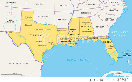 Gulf States of the United States, also called Gulf South or South Coast, political map. Coastline along Southern United States at Gulf of Mexico. Texas, Louisiana, Mississippi, Alabama and Florida. Gulf States of the United States, also called Gulf South or South Coast, political map. Coastline along Southern United States at Gulf of Mexico. Texas, Louisiana, Mississippi, Alabama and Florida. 112134934