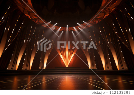 Empty stage light background. Illuminated stage with warm lighting design for modern dance performance. Entertainment show. Stage design for modern dance. Spotlight effect on stage. Generative AI. Empty stage light background. Illuminated stage with warm lighting design for modern dance performance. Entertainment show. Stage design for modern dance. Spotlight effect on stage. Generative AI. 112135295
