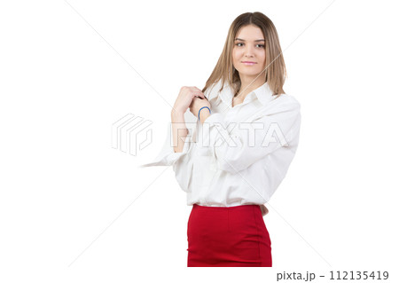Beautiful young woman in a white shirt and a red skirt on a white background Beautiful young woman in a white shirt and a red skirt on a white background 112135419