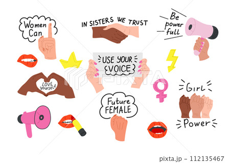 Feminist movement symbols vector set. Flat girls power stickers with fists up and feminism slogans. Strong black women rights. Super girl. 112135467