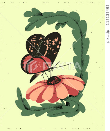 Textured modern poster with flower and butterfly. Flat botanical composition in printmaking technique with grunge texture and scratches. Ideal for home decoration, posters, t shirt print 112135493