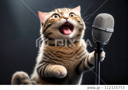 Singing cat with a microphone. Funny cat sings on a dark background Singing cat with a microphone. Funny cat sings on a dark background 112135753