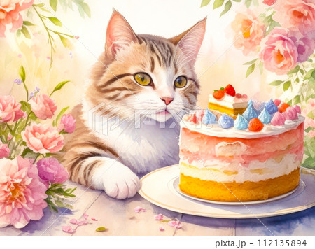 A cute striped cat and colorful cake, cat eating cake. A holiday card 112135894