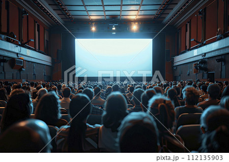 cinema full of people with blank screen. Ai generated cinema full of people with blank screen. Ai generated 112135903