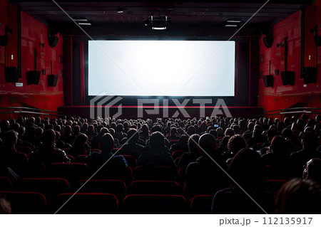 cinema full of people with blank screen. Ai generated 112135917