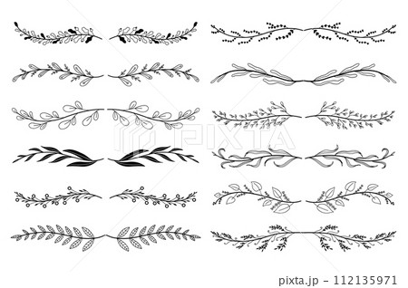 Floral ornament dividers set in hand drawn design. Leaves, twigs, plants and branches. Bundle of botanical ornaments scrolls decoration and decorative branch. Illustration isolated collection. Floral ornament dividers set in hand drawn design. Leaves, twigs, plants and branches. Bundle of botanical ornaments scrolls decoration and decorative branch. Illustration isolated collection. 112135971