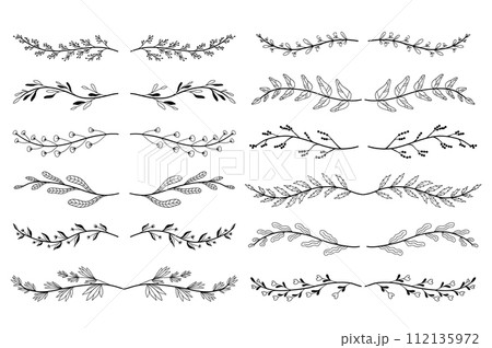 Floral ornament dividers set in hand drawn design. Leaves and tree branches elements. Bundle of botanical ornaments scrolls decoration and decorative branch. Illustration isolated collection. 112135972
