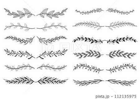 Floral ornament dividers set in hand drawn design. Herbs and twigs vignetting elements. Bundle of botanical ornaments scrolls decoration and decorative branch. Illustration isolated collection. 112135975