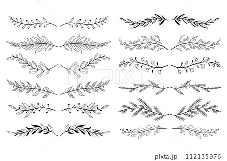 Floral ornament dividers set in hand drawn design. Herbs, twigs, flowers and plants. Bundle of botanical ornaments scrolls decoration and decorative branch. Illustration isolated collection. 112135976