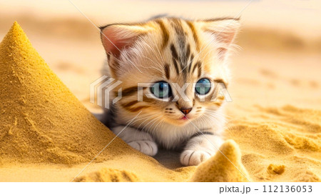 Small cute kitten on the sandy beach, closeup. Little fluffy cat on the coast, plays in the sand. with copy space Small cute kitten on the sandy beach, closeup. Little fluffy cat on the coast, plays in the sand. with copy space 112136053