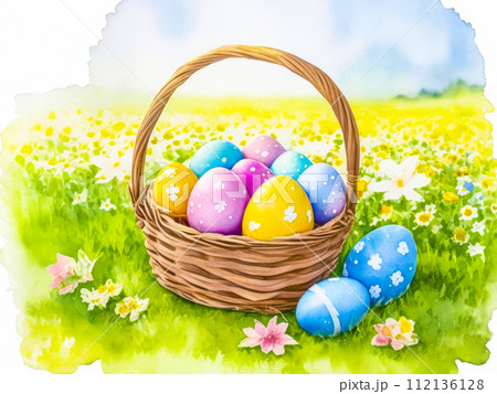 Beautiful easter card with colorful eggs in a wicker basket against the background of a field of flowers. Banner or card for Easter Beautiful easter card with colorful eggs in a wicker basket against the background of a field of flowers. Banner or card for Easter 112136128