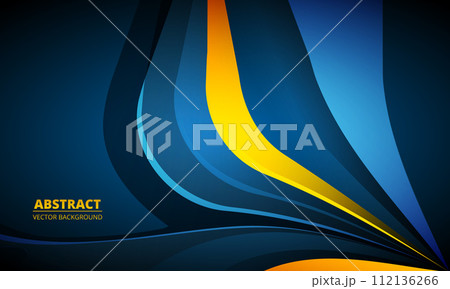 Abstract dark blue minimal background with yellow and blue colored dynamic wave shapes. Graphic design background template with curve shapes Abstract dark blue minimal background with yellow and blue colored dynamic wave shapes. Graphic design background template with curve shapes 112136266