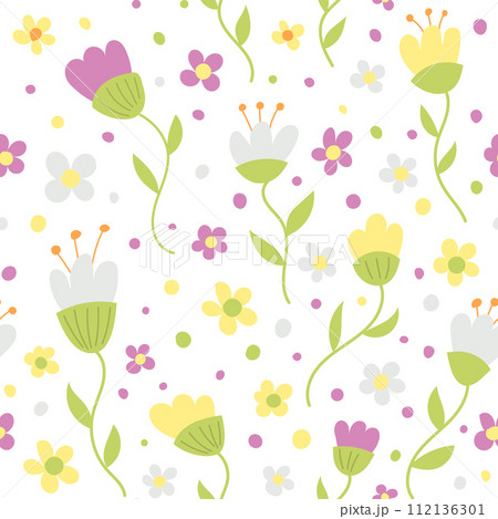 Vector seamless pattern with hand drawing flowers, colorful botanical illustration. 112136301