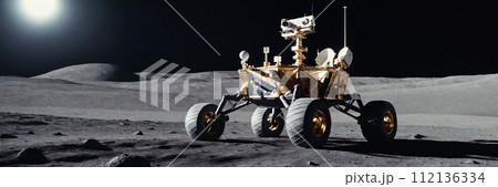 Lunar rover on the surface of the moon, wide panoramic view 112136334
