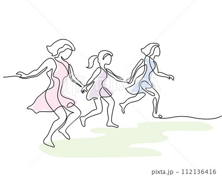 Happy Girls friends run through meadow holding hands. 112136416