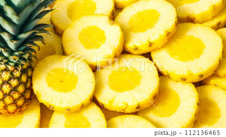 Pineapple slices and whole. Banner with fresh Pineapple slice fruit 112136465