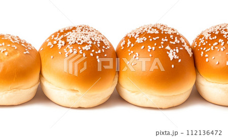 Bread Bun in row isolated on white background. Set of hamburger bread with sesame seeds, banner with copy space 112136472