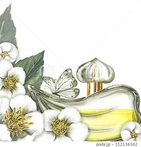 A frame with a perfume bottle made of transparent glass with jasmine flowers and a butterfly. Vintage yellow perfume. Hand-drawn watercolor illustration. For packaging, postcards and labels, posters. 112136502