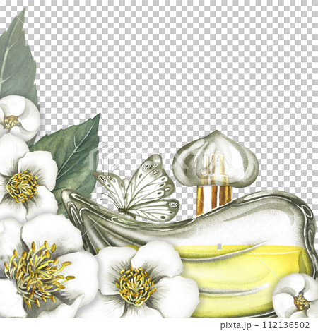 A frame with a perfume bottle made of transparent glass with jasmine flowers and a butterfly. Vintage yellow perfume. Hand-drawn watercolor illustration. For packaging, postcards and labels, posters. 112136502
