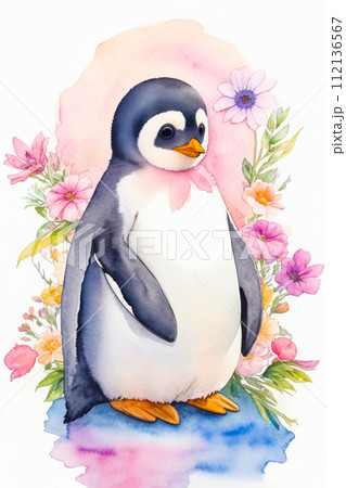 Penguin in full growth. Watercolor painting style, penguin on floral background, spring holiday concept. With copy space 112136567
