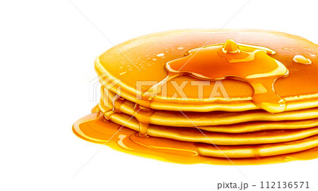 Pancakes with maple syrup isolated on white, with copy space. Maple syrup pouring onto Pancakes Pancakes with maple syrup isolated on white, with copy space. Maple syrup pouring onto Pancakes 112136571