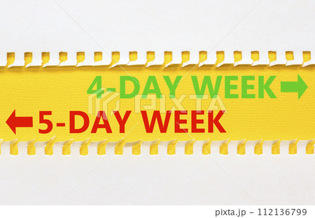 5 or 4 day week symbol. Concept word 5-day week or 4-day week on beautiful yellow paper. Beautiful white paper background. Business and 5 or 4 day week concept. Copy space. 112136799