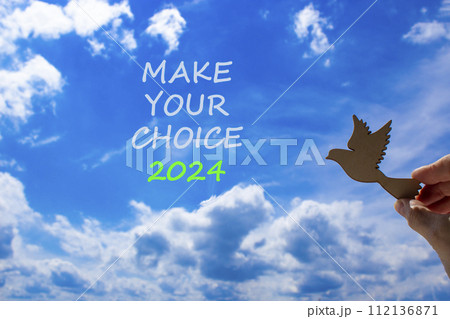 Make your choice 2024 symbol. Concept words Make your choice 2024. Beautiful blue sky cloud background. Voter hand with wooden bird. Business Make your choice 2024 concept. Copy space Make your choice 2024 symbol. Concept words Make your choice 2024. Beautiful blue sky cloud background. Voter hand with wooden bird. Business Make your choice 2024 concept. Copy space 112136871
