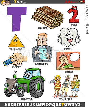 Letter T set with cartoon objects and characters 112136909